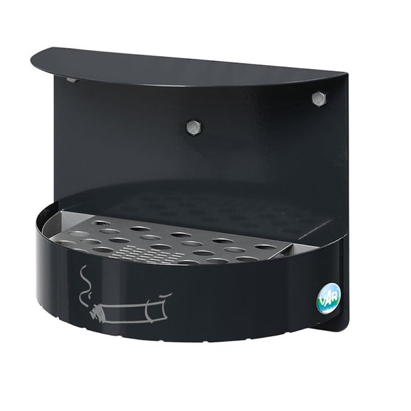 Wandascher mit Dach aus Metall in Anthrazit, Lochblecheinsatz, Zigarettensymbol und VAR Logo.