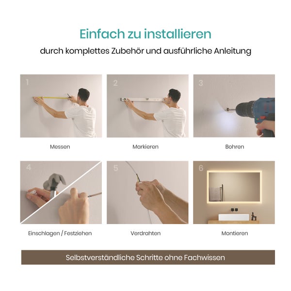 EMKE Badspiegel mit Beleuchtung 100x60 cm, Warmweiß, 28 W, rostfreier Spiegel, Aluminiumrahmen Weiß, flexibel montierbar, IP44, für Bad