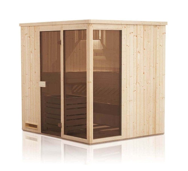 Sauna aus hellem Holz für den Innenbereich mit Glastür und Glaselement.