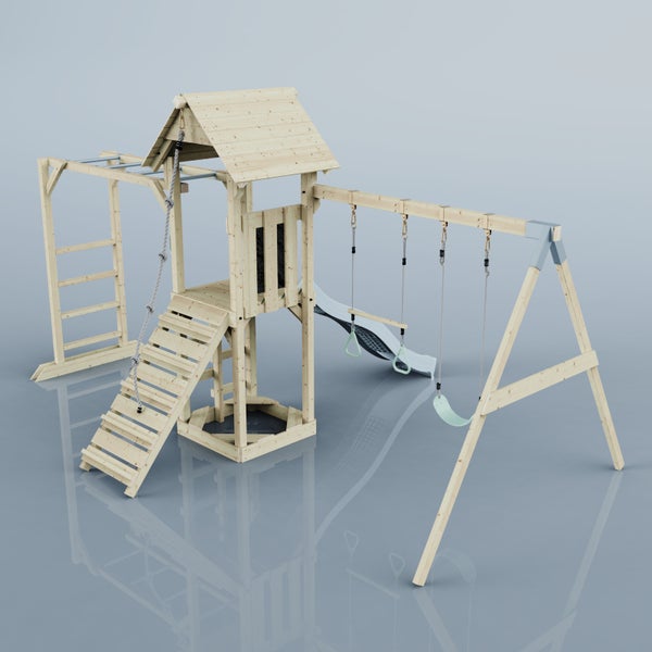 OutdoorToys Spielturm Örebro aus Holz in Blau Trapezstange