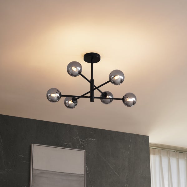 Moderne Deckenleuchte Schwarz mit Rauchglas 6-flammig - Ryan