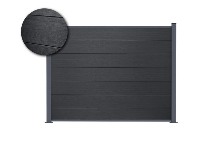 Sichtschutzzaun mit horizontalen Lamellen in Anthrazit und einer Detailansicht der Holzmaserung.