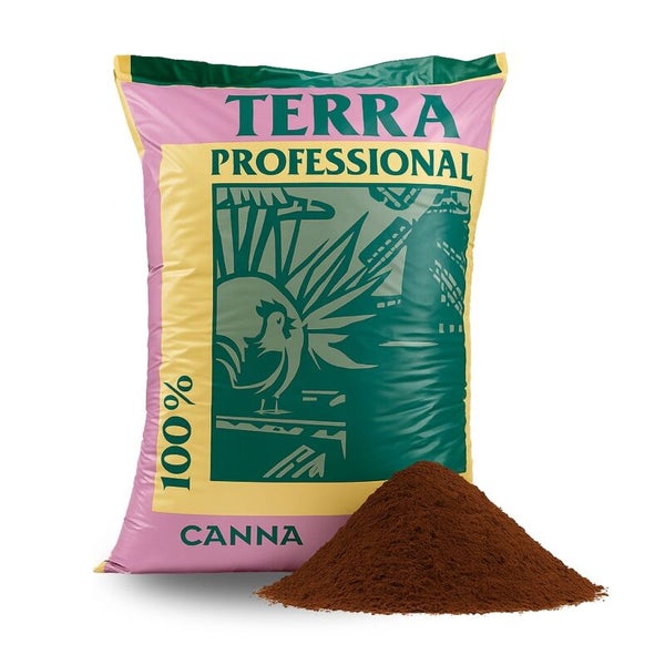 Sack Canna Terra Professional Blumenerde mit einer Probe dunkler Erde davor.