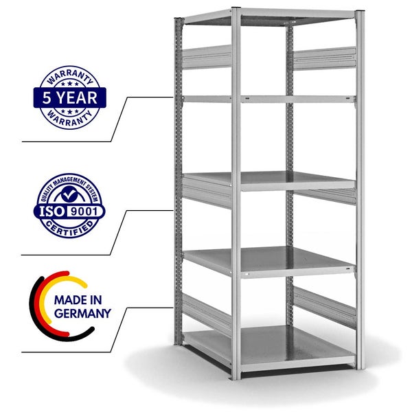 PROREGAL Fachbodenregal Stecksystem T-Profil Heavy-Duty Grundregal HxBxT 200 x 75 x 80 cm 5 Ebenen Fachlast 330 kg Beidseitig Nutzbar Verzinkt