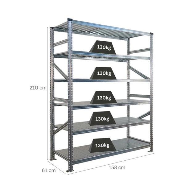 Metallregal mit fünf Regalböden und einer maximalen Belastbarkeit von 130 kg pro Boden.
