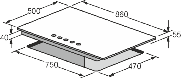 Technische Zeichnung eines Kochfeldes mit Maßangaben in Millimetern.