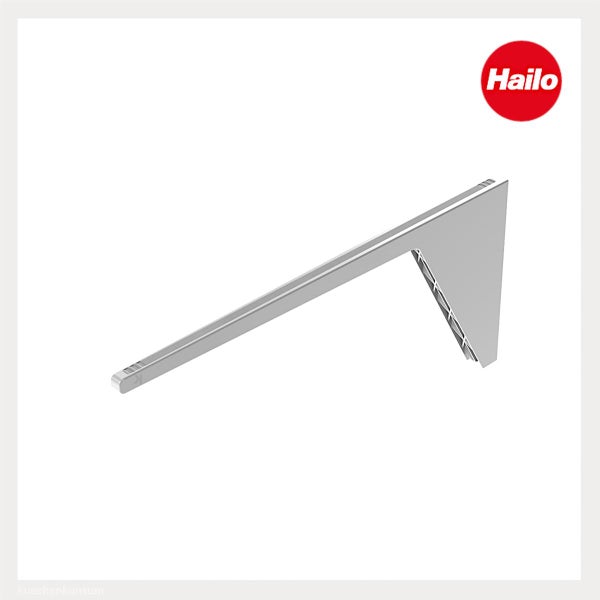 Hailo Logo und eine einzelne Seitenführungsschiene für Küchenauszugssysteme aus Metall