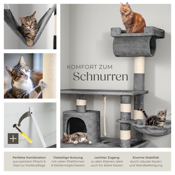 Kratzbaum tectake Stokeley inklusive Spielkordel und Kippschutz 141 cm grau