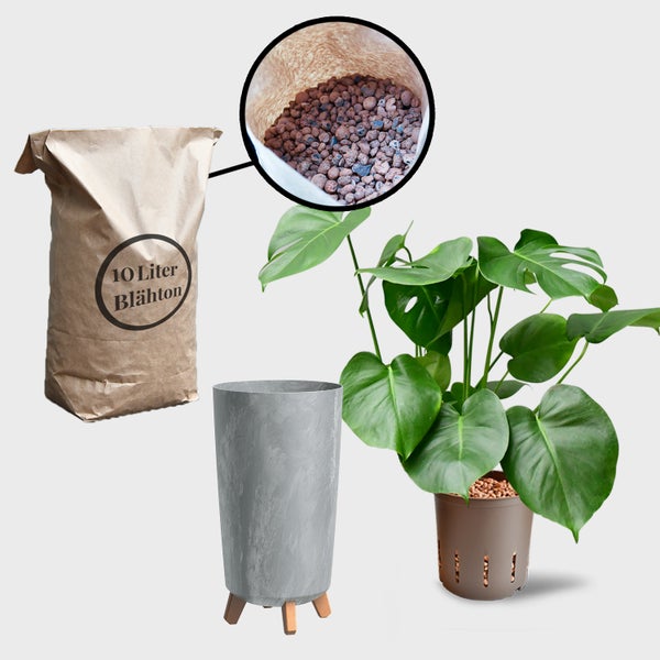 Sack mit Blähton, Pflanzgefäß und Zimmerpflanze