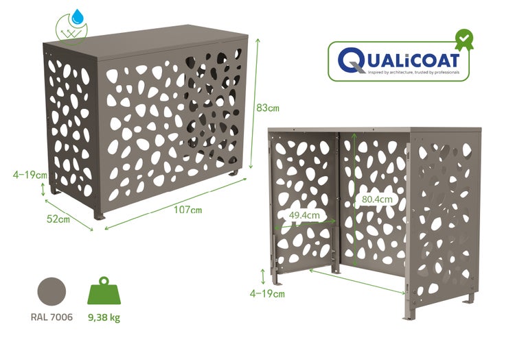 Aluminium-Klimaanlagen-Abdeckung RAL 7006, Lochmuster, 107 mal 52 mal 83 Zentimeter, wetterfest, 9,38 Kilogramm, Qualicoat Logo.
