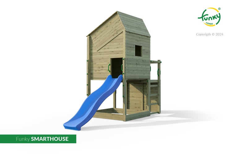Kinderspielhaus Funky SMARTHOUSE aus Holz mit blauer Rutsche und integriertem Sandkasten.