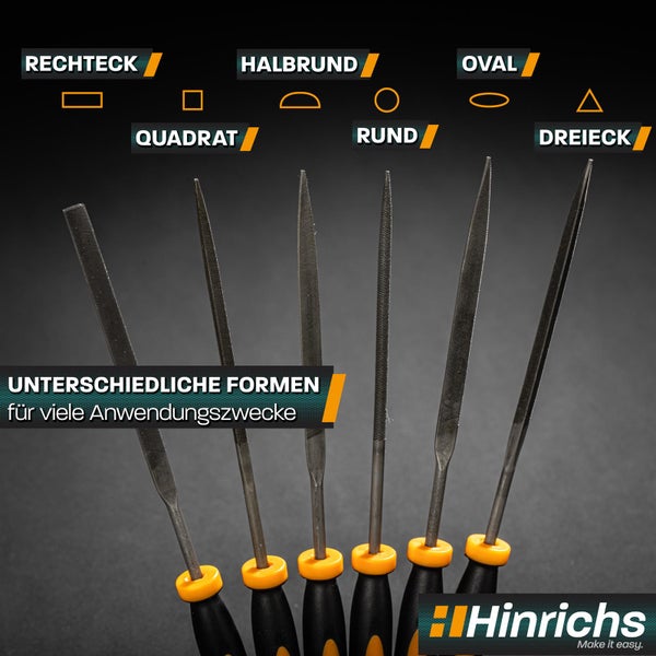 Nadelfeilen-Set mit sechs Profilen: rechteckig, quadratisch, halbrund, rund, oval und dreieckig für die Metallbearbeitung. Hinrichs Logo.
