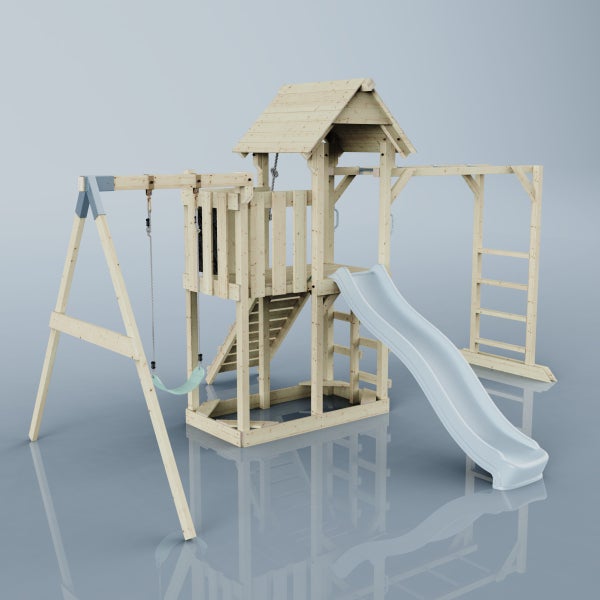 Spielplatz mit Rutsche, Schaukel und Klettergerüst aus Holz