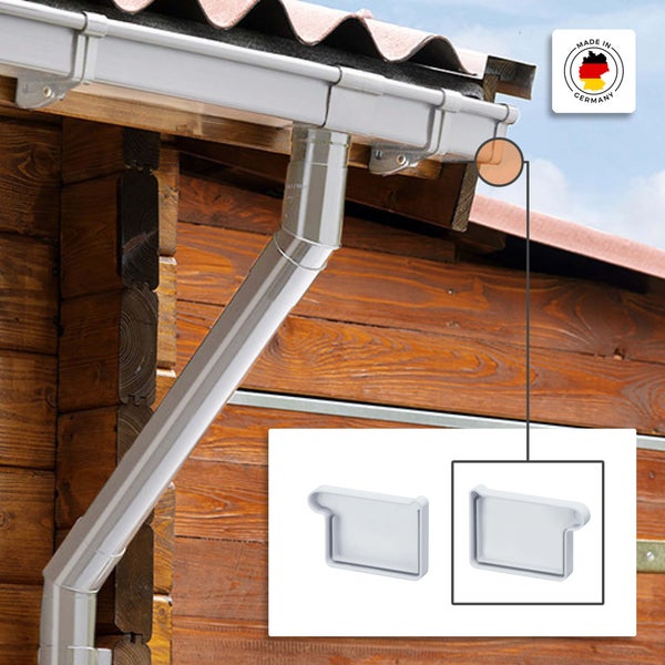 Dachrinnen Endstück in Kastenform aus Kunststoff für die Montage am Ende einer Dachrinne, Hergestellt in Deutschland.