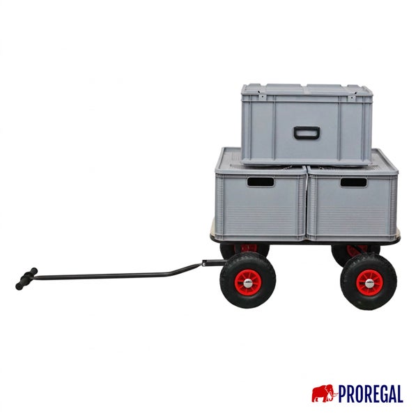 Handwagen mit Luftbereifung beladen mit drei grauen Stapelboxen aus Kunststoff. Proregal Logo.