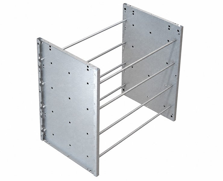 Metallrahmen aus verzinktem Stahl mit zwei Seitenwänden und horizontalen Verbindungsstangen für Auszugssysteme.