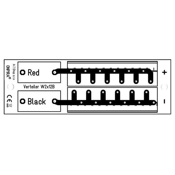Onpira Verteiler W2x12B mit zwei Anschlussschienen für plus und minus mit jeweils 12 Kontaktpunkten.