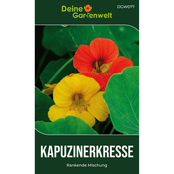 Samentüte Kapuzinerkresse rankende Mischung von Deine Gartenwelt mit gelben und orangefarbenen Blüten