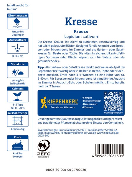 Saatgutpackung für Kresse Krause Lepidium sativum von Kiepenkerl mit Anbauinformationen und Hinweisen zur Aussaat und Ernte