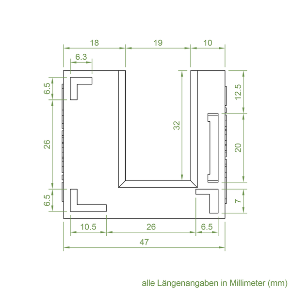 Technische Zeichnung mit Maßangaben in Millimetern für ein U-förmiges Bauteil.