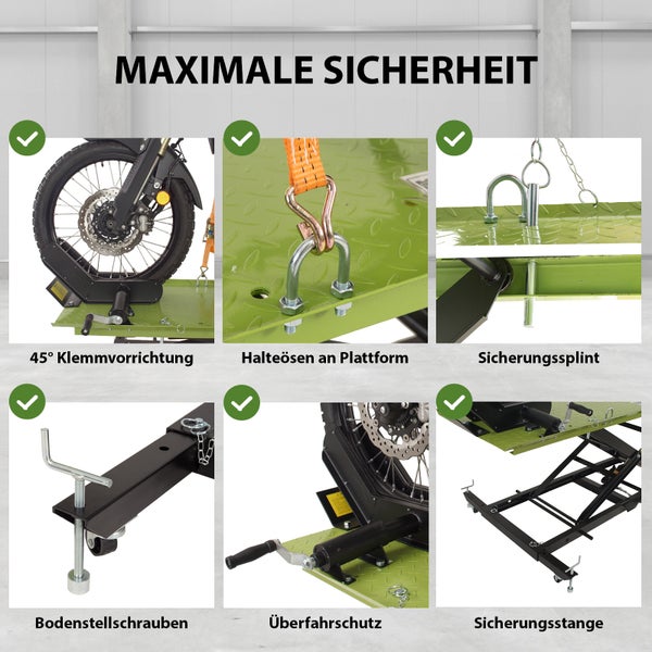 Hydraulische Motorradhebebühne XL 560 kg Scherenhub Breite 60,5 cm Motorradheber in Schwarz/Grün