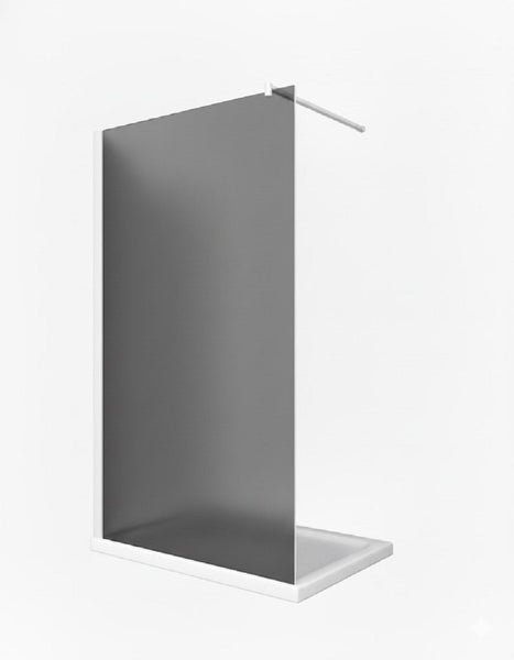 Walk-in Duschwand aus Glas mit Wandprofil und Stabilisierungsstange auf einer Duschwanne montiert.