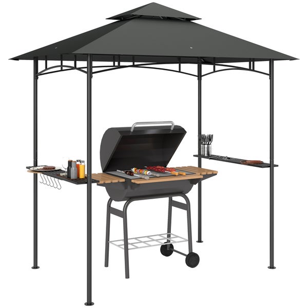 Outsunny Grillpavillon mit LED 240 x 150 x 258 cm wasserabweisend flammhemmend Gartenpavillon mit Doppelschichtdach, Seitenregalen, Gartenlauben mit UV-Schutz, BBQ Pavillon für Party BBQ Dunkelgrau