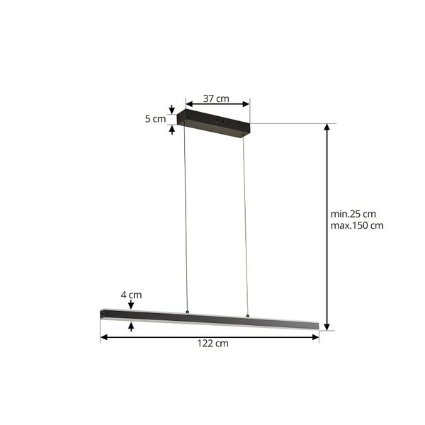 Moderne Pendelleuchte mit Maßen: Länge 122 Zentimeter, Breite 4 Zentimeter, Baldachin 37 Zentimeter, Höhe verstellbar 25 bis 150 Zentimeter.
