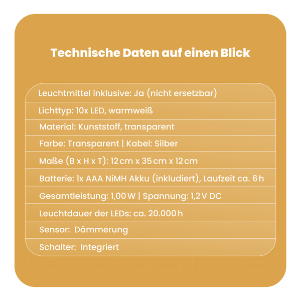 Technische Daten: Leuchtmittel inklusive, 10 warmweiße LEDs, transparentes Kunststoffgehäuse, silbernes Kabel, 12 x 35 x 12 cm, 1 AAA NIMH Akku, 1,00 W Leistung, 1,2 V DC, 20.000 Stunden Leuchtdauer, Dämmerungssensor, integrierter Schalter.