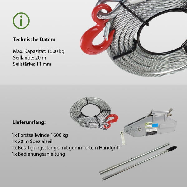 Forstseilwinde mit 1600 Kilogramm Zugkraft, 20 Meter Spezialseil, Betätigungsstange und Bedienungsanleitung