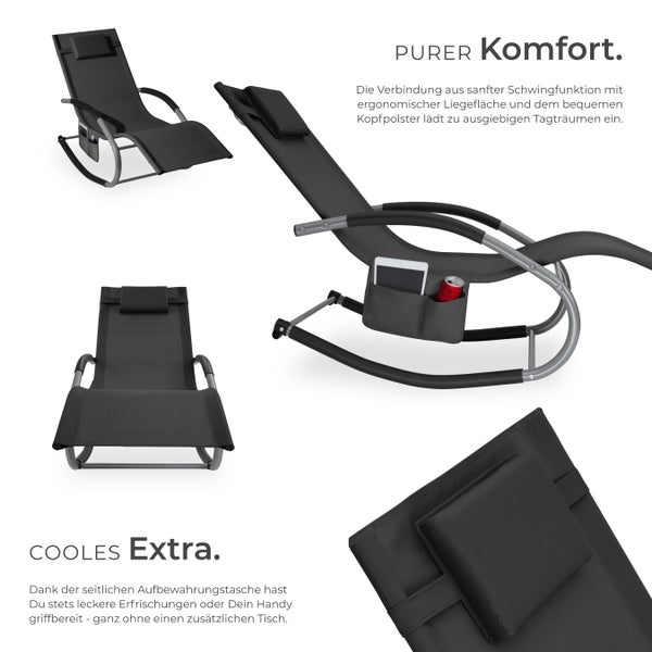 Gartenliege tectake Taya abnehmbares Kopfpolster, seitliche Aufbewahrungstasche ergonomisch, mit Komfort-Schwingbewegung schwarz