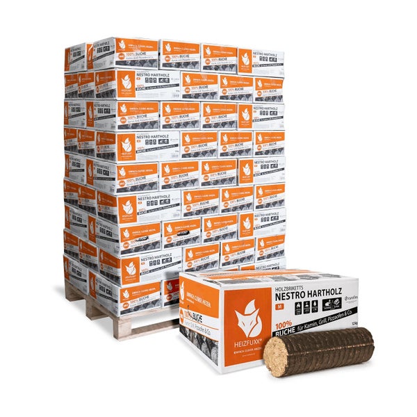 Palette mit Nestro Hartholz Holzbriketts aus 100 Prozent Buche inklusive Einzelpackung mit 12 Kilogramm Inhalt für Kamin Grill und Pizzaofen.