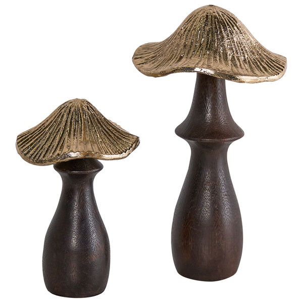 Zwei dekorative Pilze aus Holz und Metall