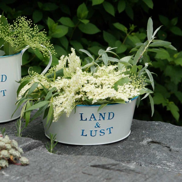 Dekoratives Gefäß mit der Aufschrift Land und Lust, gefüllt mit blühenden Zweigen