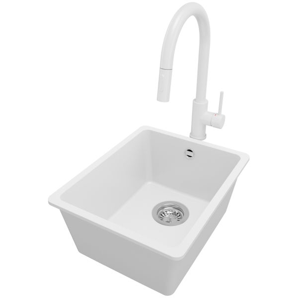 PRIMAGRAN Unterbauspüle Granit Weiß 36x44cm, Spülbecken 1 Becken + Küchenarmatur 40x20cm + Ablauf-Set, Granitspüle ab 40er Unterschrank - Venedig Easy