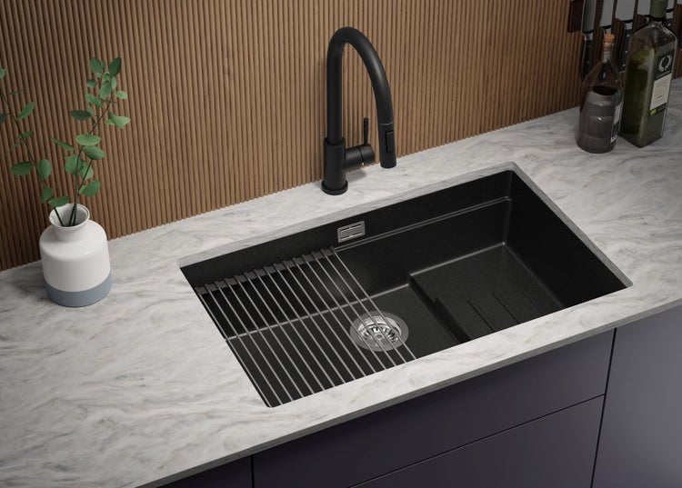 PRIMAGRAN Unterbauspüle Granit Schwarz 76x47cm, Spülbecken 1 Becken + Ablauf-Set + Aufrollbare Abtropffläche, Granitspüle ab 80er Unterschrank - Praga