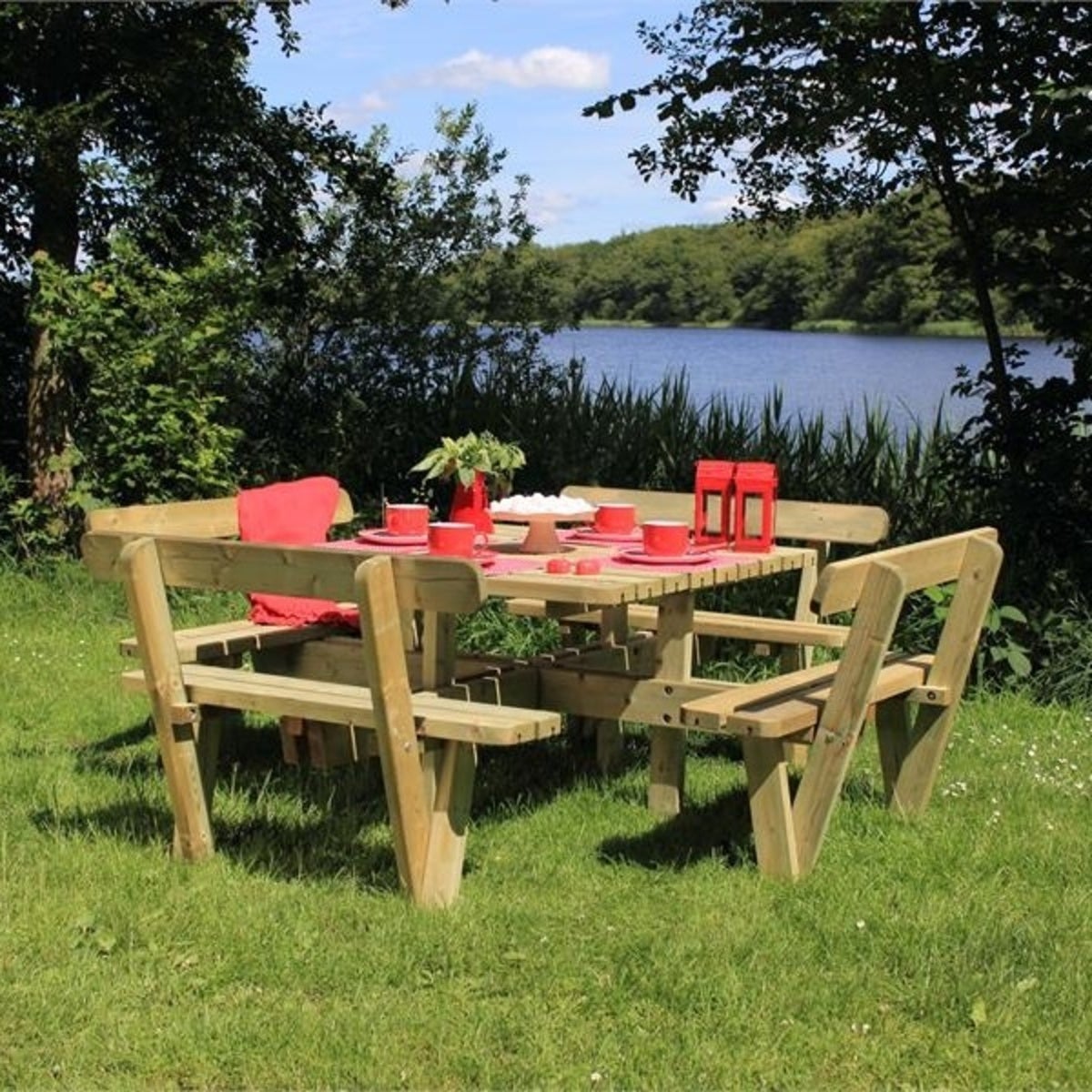 Quadratischer Picknicktisch, Gartentisch, Gartenmöbel  - KDI Holz - 8 Plätze - mit Rückenlehne