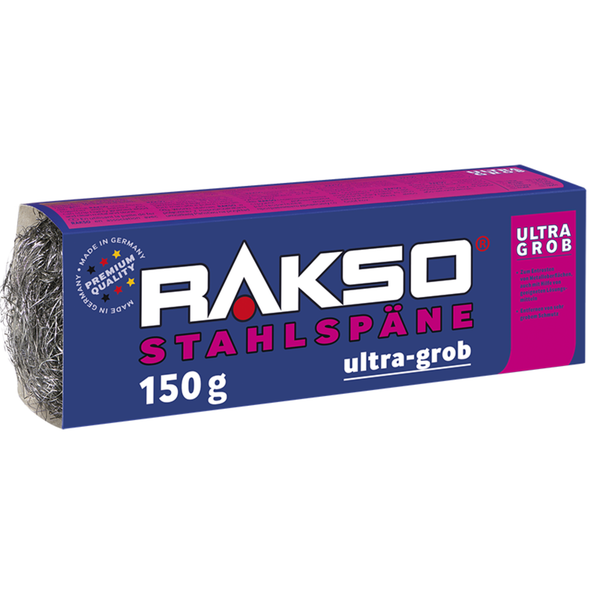 Rakso Stahlspäne ultra-grob, 150 Gramm Packung mit sichtbarer Stahlwolle, Siegel Made in Germany.