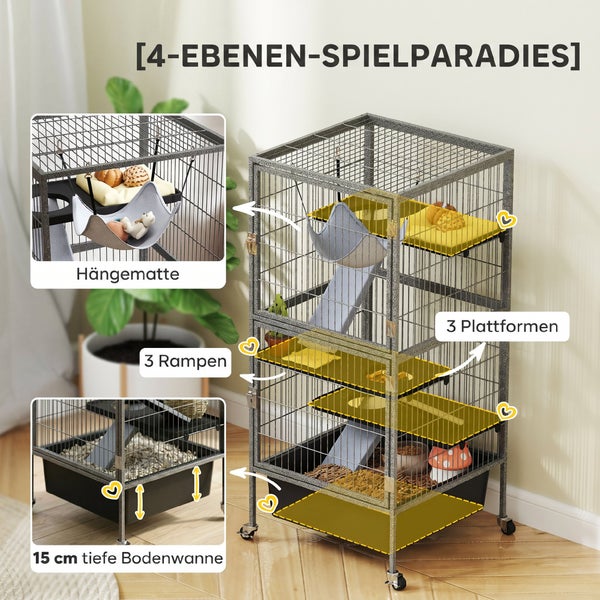 Kleintierkäfig aus Metall mit vier Ebenen, drei Plattformen, drei Rampen, einer Hängematte und einer 15 Zentimeter tiefen Bodenwanne auf Rollen.