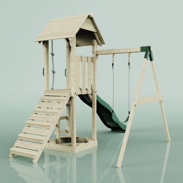 Holzspielturm mit Rutsche, Schaukel und Kletterseil für den Garten