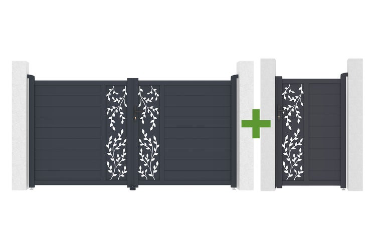 Doppelflügeltor und Gartentor Set mit dekorativem Blattmuster Design zwischen zwei Steinpfosten