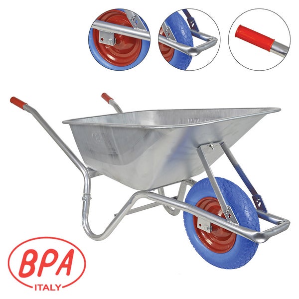 Bauschubkarre BPA KITSPLZ2 mit verzinkter Mulde & pannensicherem PU-Rad – 100 L, kugelgelagert, Vollgummi