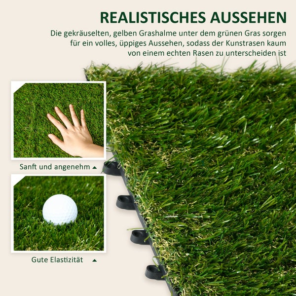 Outsunny Kunstrasen, 10 Stücke Rasenteppich für Garten, Balkon, 30 x 30 cm, Kunststoff, Dunkelgrün