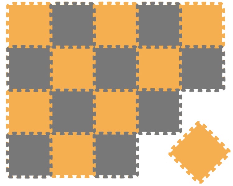 Steckbare Bodenschutzmatten aus Schaumstoff in Orange und Grau im Puzzle-Design, zur Darstellung der Verbindung zusammengesteckt.