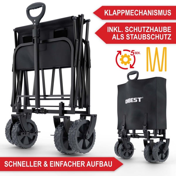 Zusammenklappbarer Bollerwagen mit großen Profilrädern und Staubschutzhaube. Klappmechanismus in fünf Sekunden. Onbest Logo.
