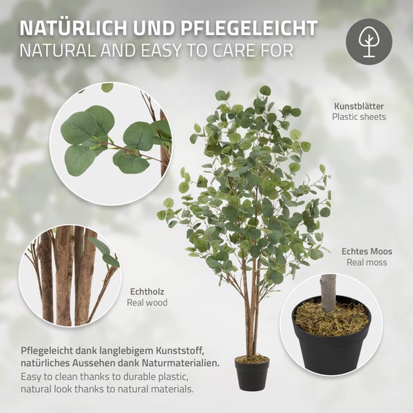 ML-Design Künstliche Eukalyptus 150 cm, Künstliche Pflanzen groß, Kunstpflanze mit Naturholzstamm, Fake Plastikpflanzen im Topf, Deko für Drinnen und Draußen, Kunstbaum wie echt für Wohnzimmer Büro