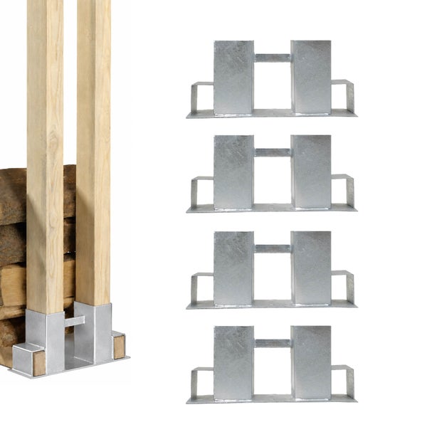 Set aus vier verzinkten Kantholzhaltern für Kaminholzregale zur stabilen Verbindung von Holzpfosten.