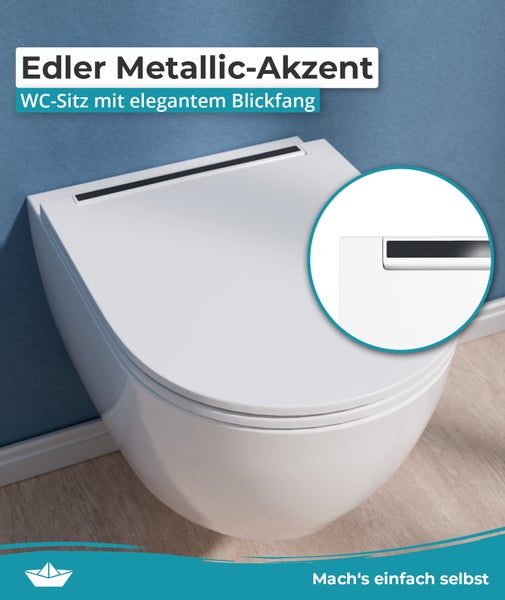 Wand WC mit WC Sitz mit Metalleinsatz in der Scharnierleiste als Design Akzent