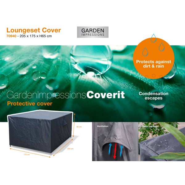 Garden Impressions Loungeset Schutzhülle, 205 mal 175 mal 65 Zentimeter, schützt vor Schmutz und Regen, wasserabweisend. Garden Impressions Logo.