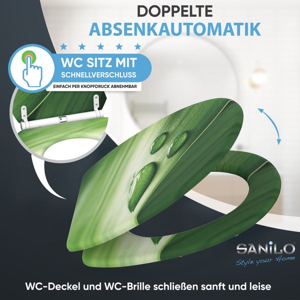 SANILO Toilettensitz mit Blatt-Motiv, doppelter Absenkautomatik und Schnellverschluss zur einfachen Abnahme per Knopfdruck.